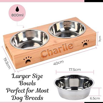 Personalised Dog Bowls - Large Engraved Feeding Station - Bamboo Double Stainless Steel | Luxury Home Accessories | Heulog Glow