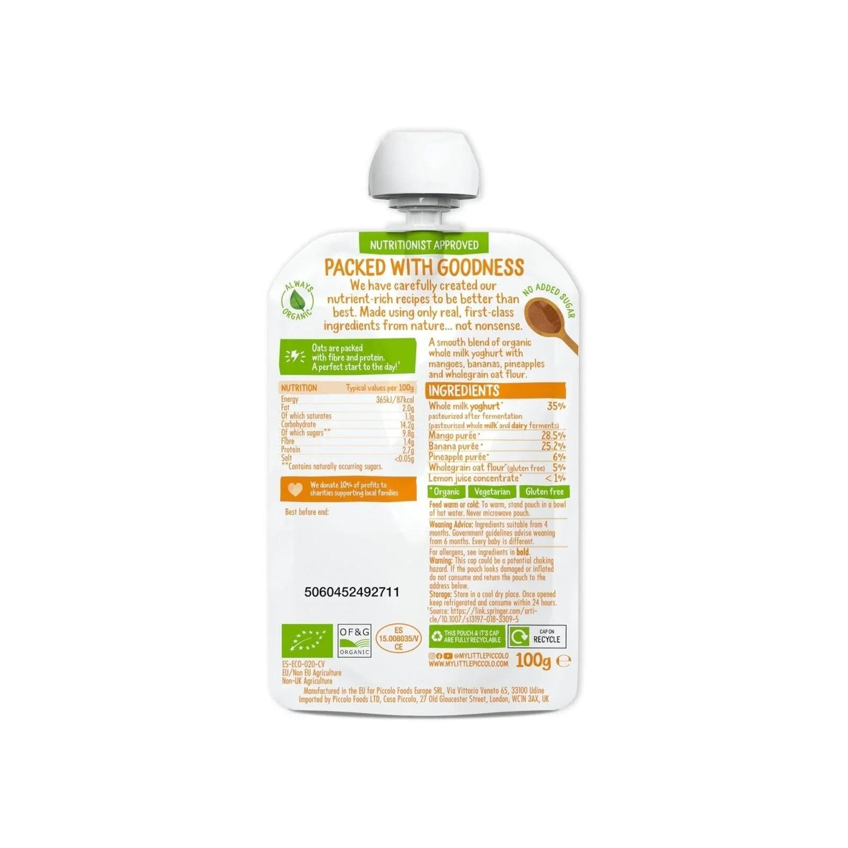 Piccolo Organic Brekkie Mango & Pineapple 6+ months 100g | Luxury Home Accessories | Heulog Glow