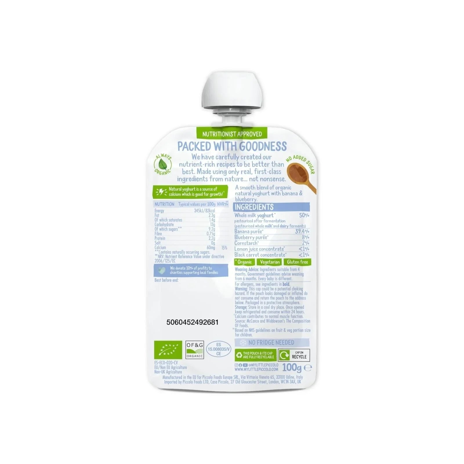 Piccolo Organic Natural Yoghurt Blueberry & Banana 6+ months 100g | Luxury Home Accessories | Heulog Glow