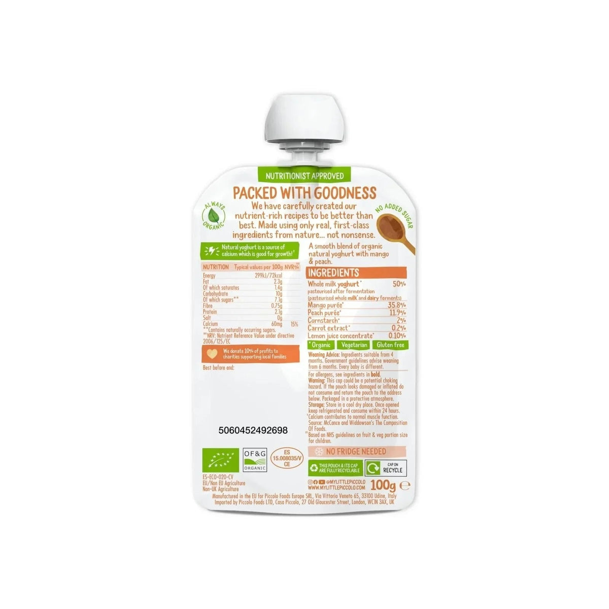 Piccolo Organic Natural Yoghurt Mango & Peach 6+ months 100g | Luxury Home Accessories | Heulog Glow
