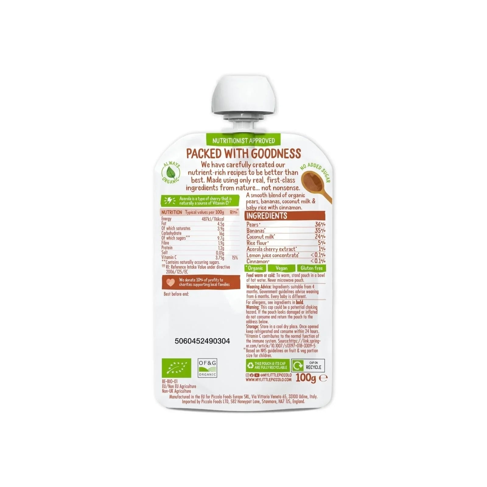 Piccolo Organic Pear Banana Coconut Milk & Baby Rice 4+ months 100g | Luxury Home Accessories | Heulog Glow