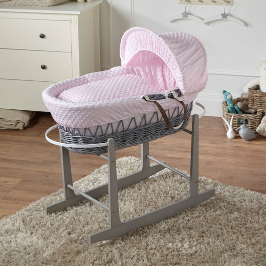 Pink Dimple Grey Wicker Baby Moses Basket With Stand | Luxury Home Accessories | Heulog Glow