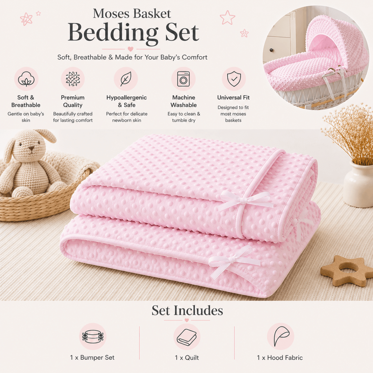 Pink Dimple Moses Basket Bedding Set (Basket Not Included!) | Luxury Home Accessories | Heulog Glow