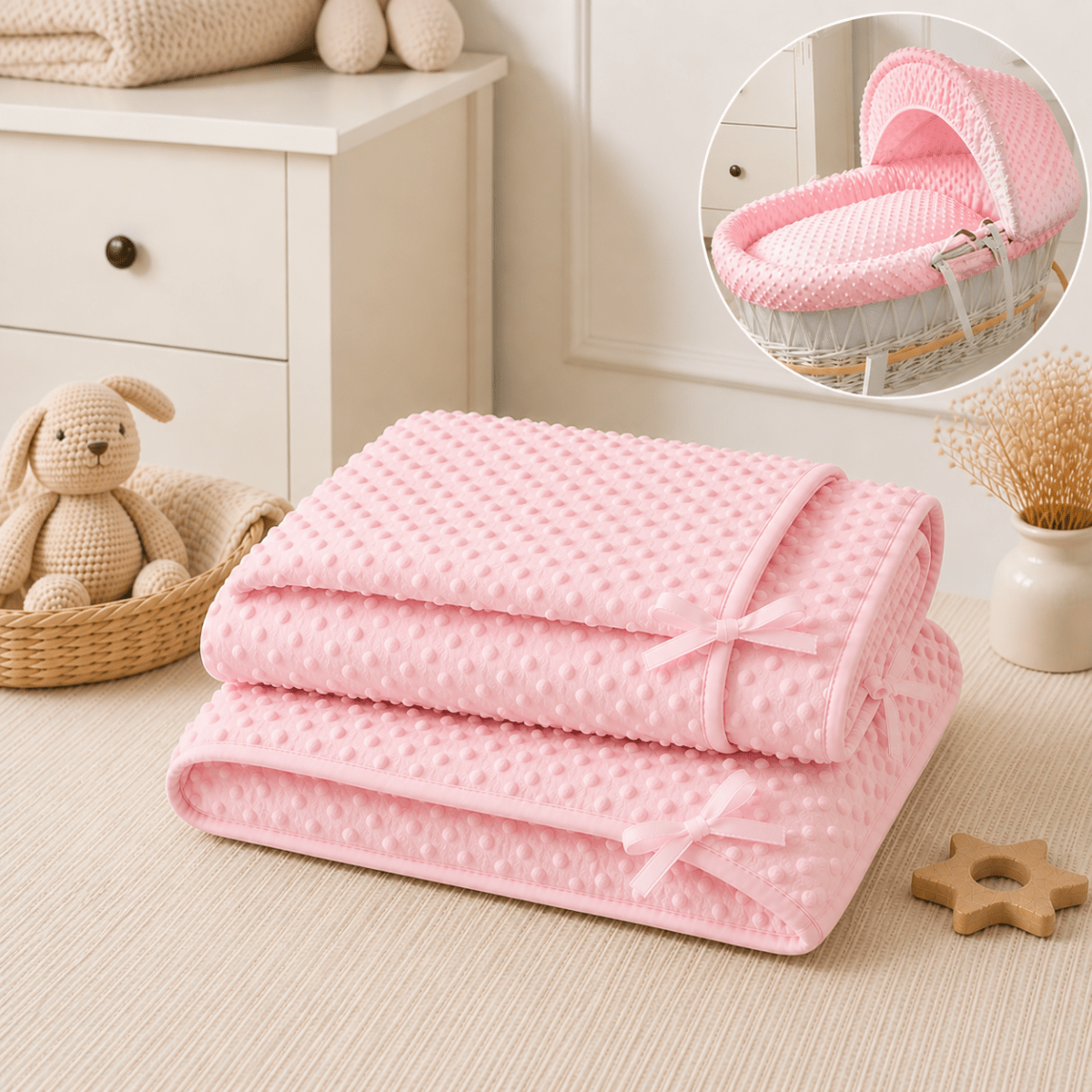 Pink Dimple Moses Basket Bedding Set (Basket Not Included!) | Luxury Home Accessories | Heulog Glow