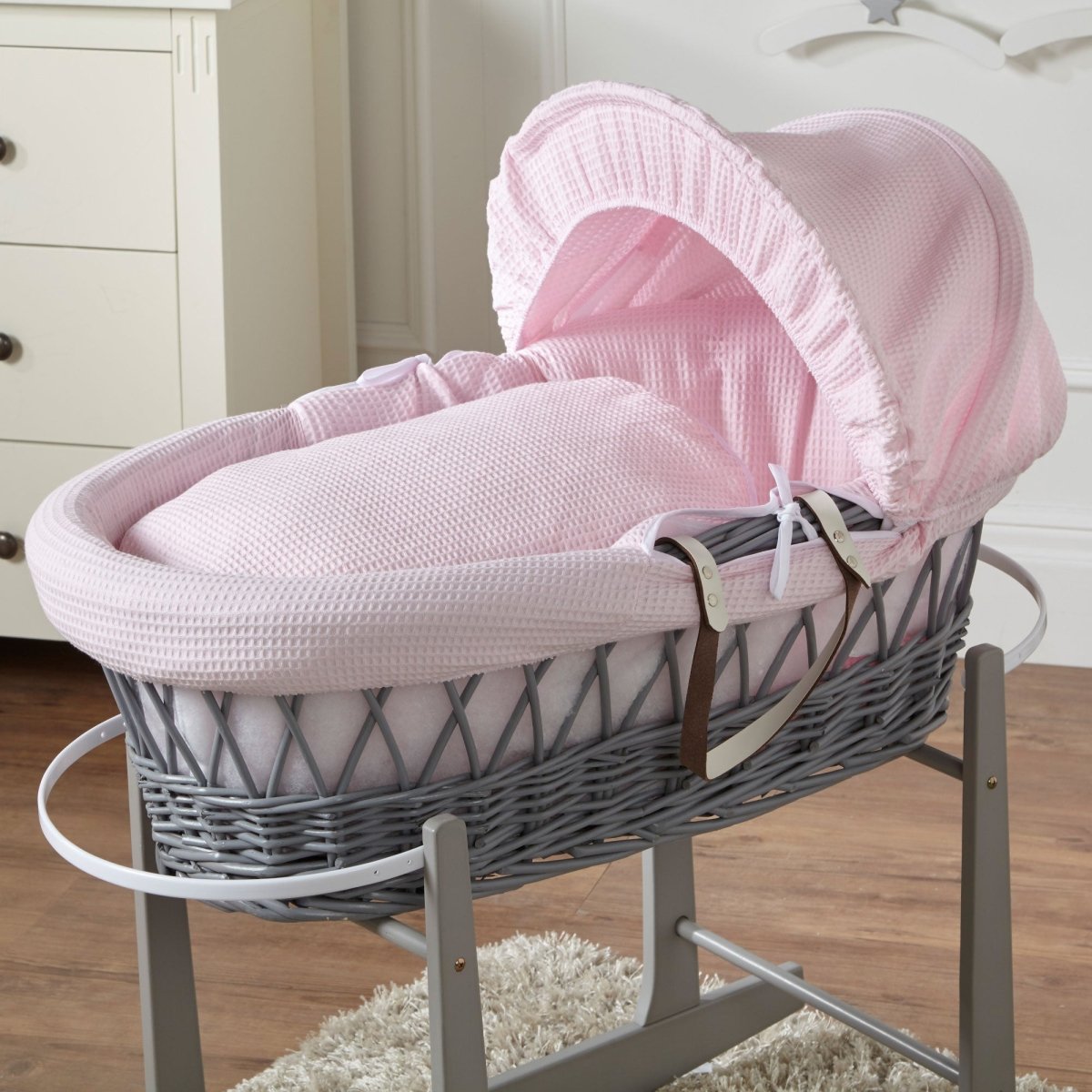 Pink Waffle Grey Wicker Baby Moses Basket With Stand | Luxury Home Accessories | Heulog Glow