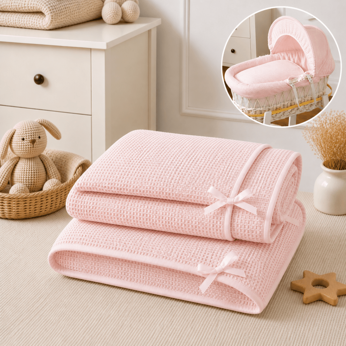 Pink Waffle Moses Basket Bedding Set (Basket Not Included!) | Luxury Home Accessories | Heulog Glow