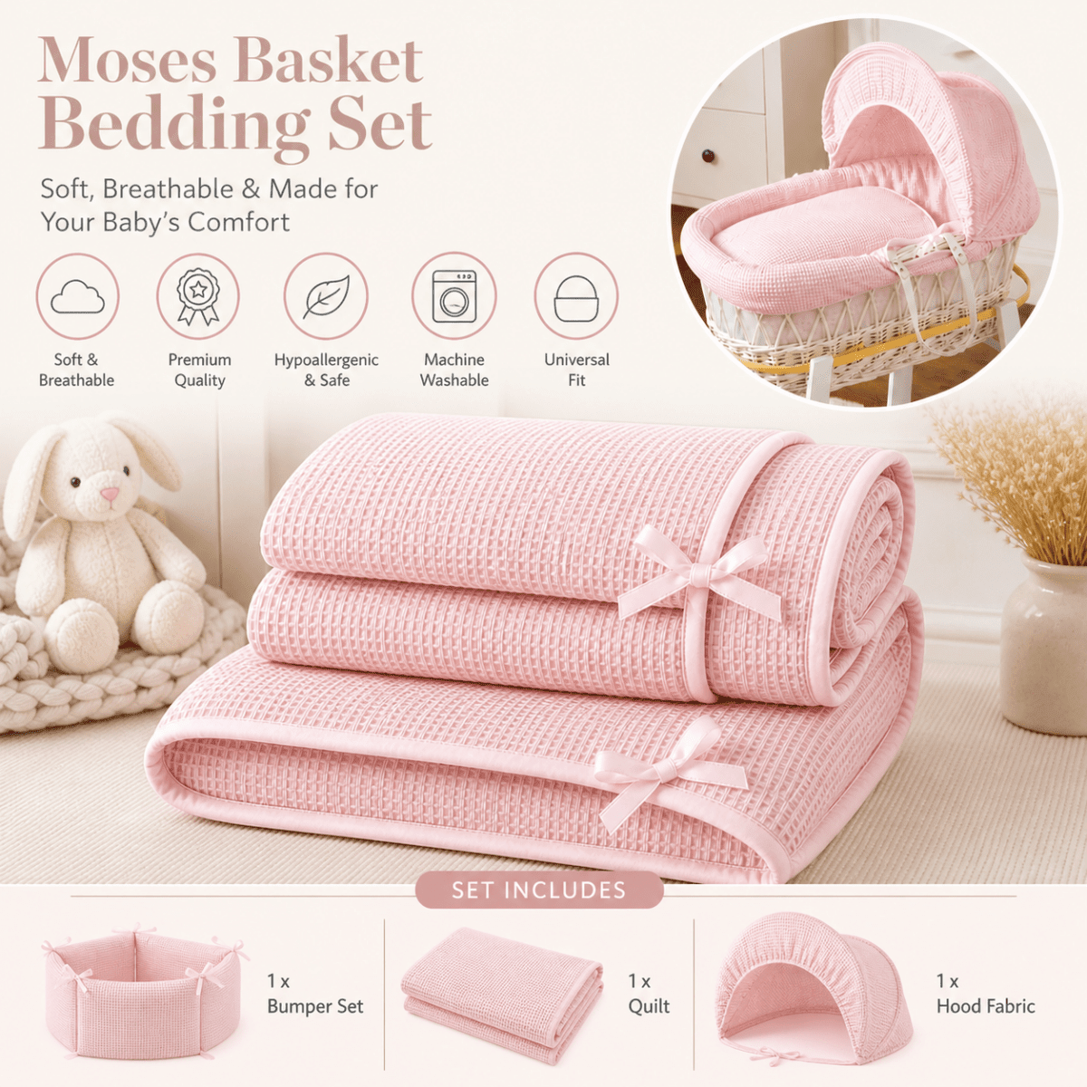 Pink Waffle Moses Basket Bedding Set (Basket Not Included!) | Luxury Home Accessories | Heulog Glow
