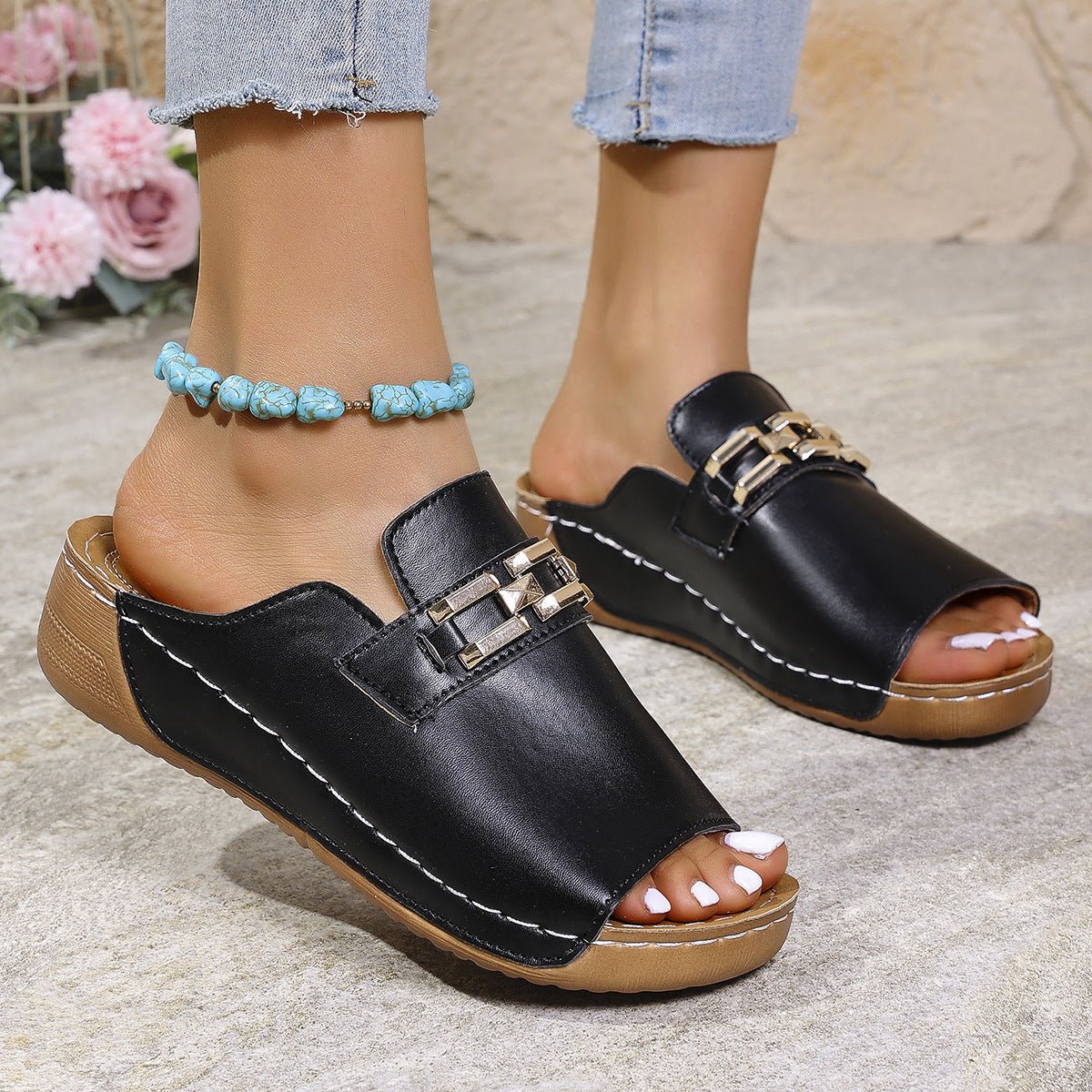 Plus Size Peep Toe Slippers With Metal Accessories | Luxury Home Accessories | Heulog Glow