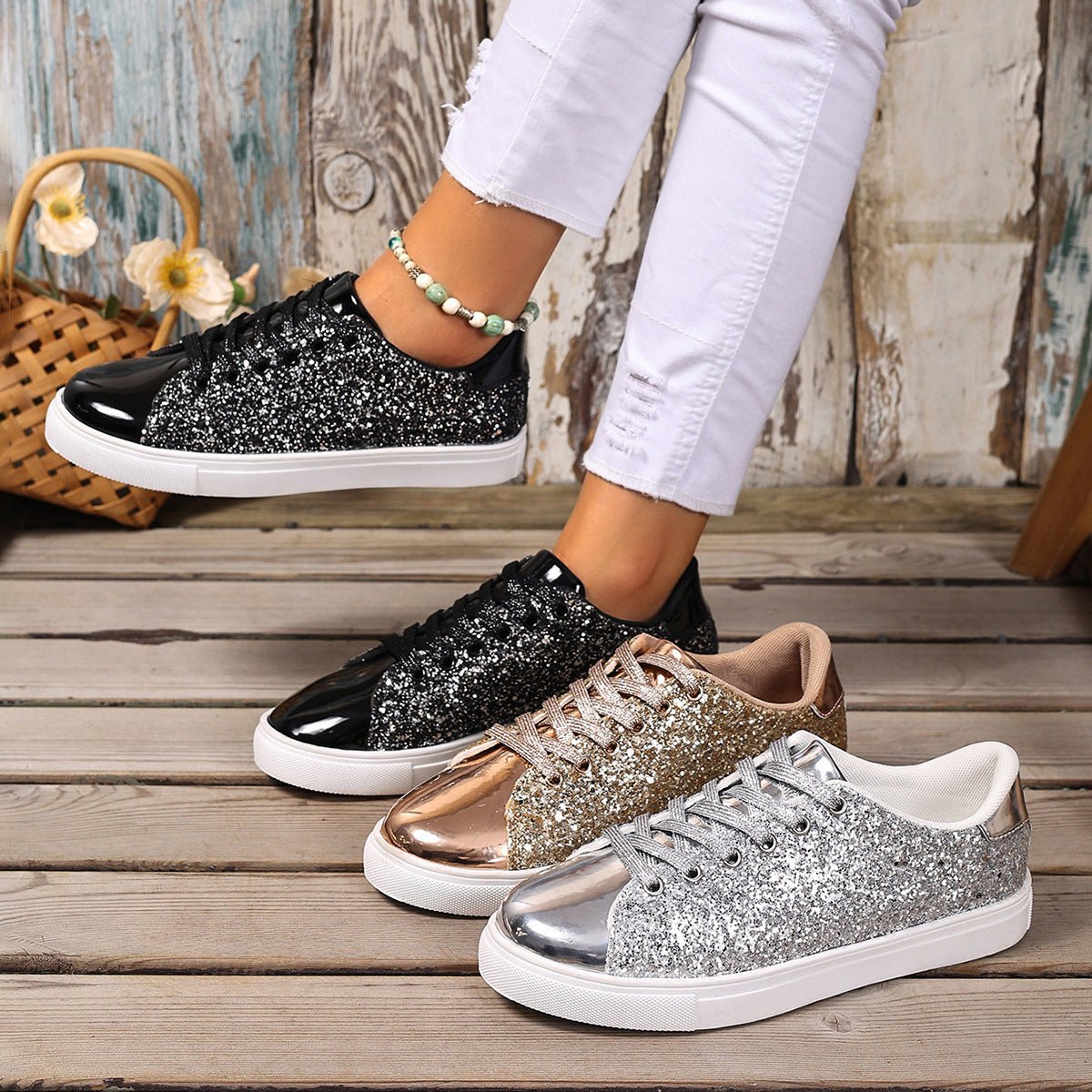 Plus Size Sequined Front Lace-up Solid Color Plus Size Board Shoes | Luxury Home Accessories | Heulog Glow