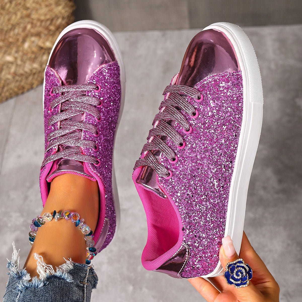 Plus Size Sequined Front Lace-up Solid Color Plus Size Board Shoes | Luxury Home Accessories | Heulog Glow
