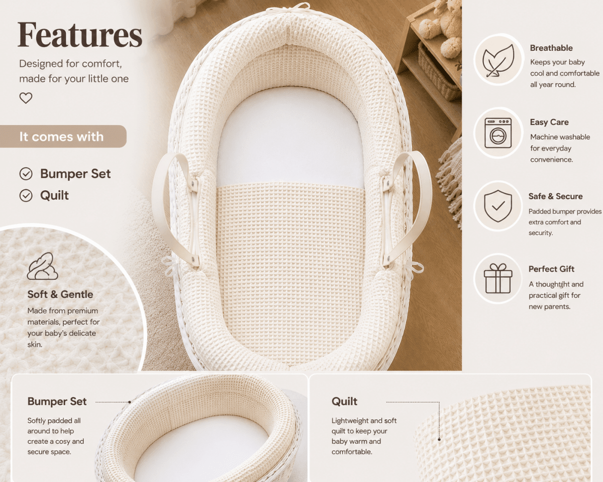 Pod Blue Dimple Moses Basket Bedding Set (Basket Not Included!) | Luxury Home Accessories | Heulog Glow