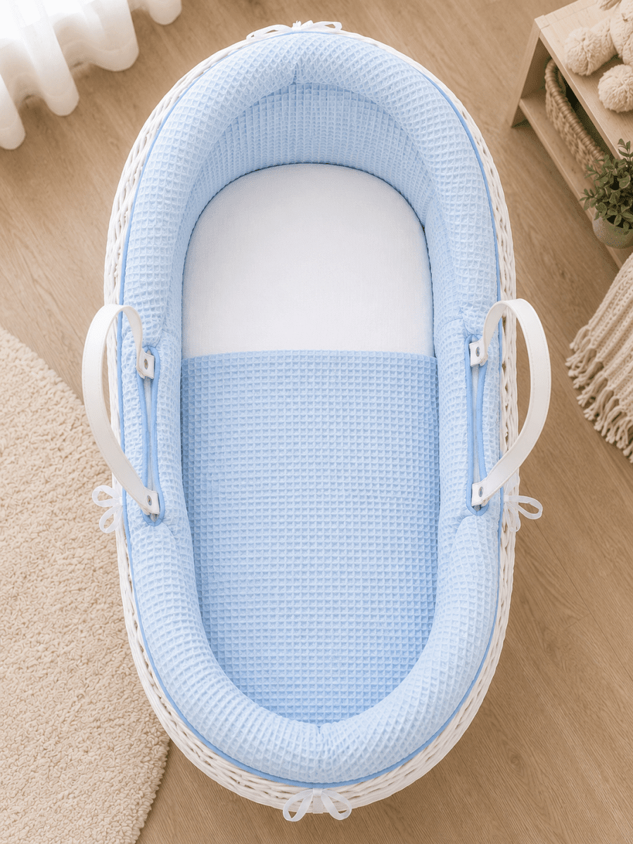 Pod Blue Waffle Moses Basket Bedding Set (Basket Not Included!) | Luxury Home Accessories | Heulog Glow
