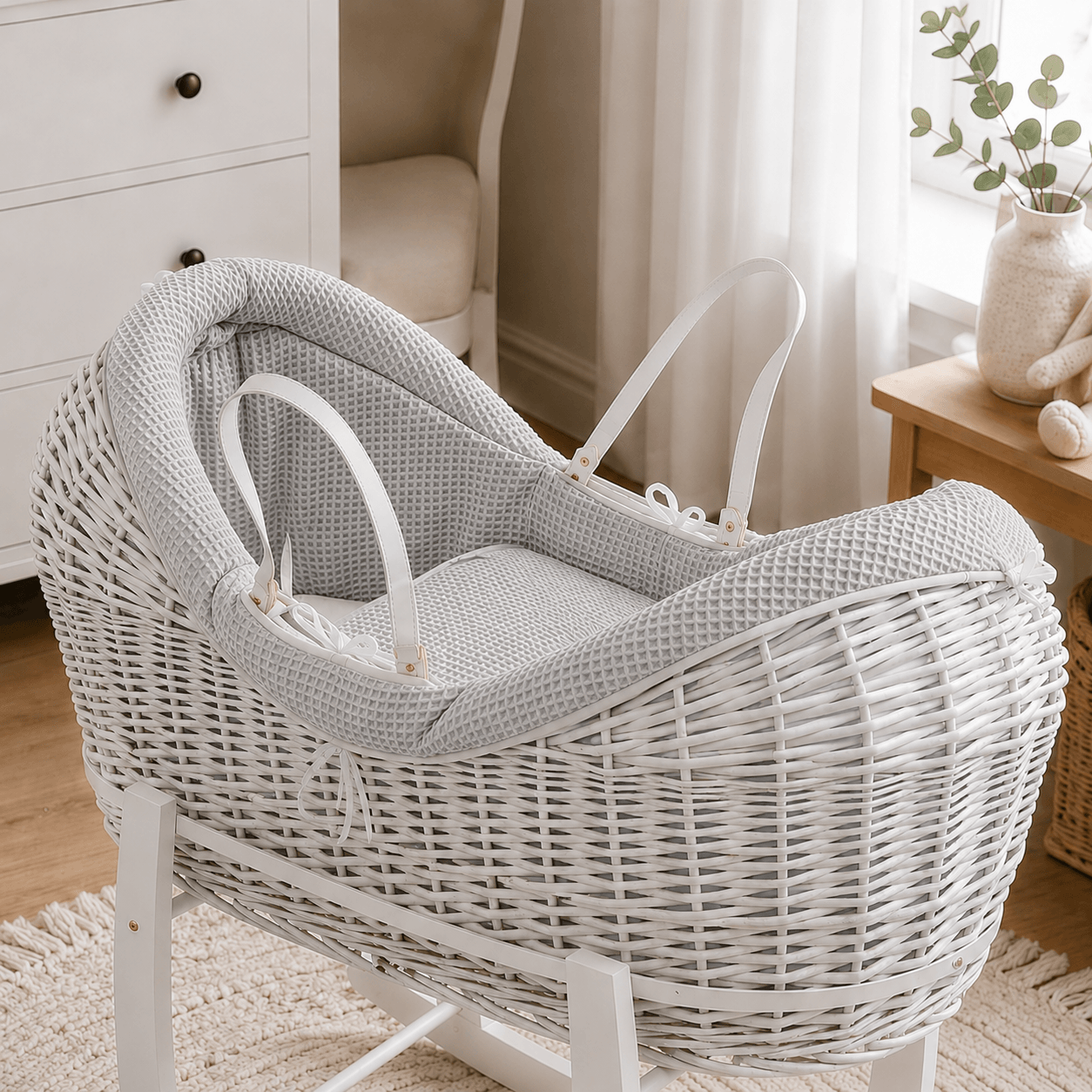 Pod Grey Waffle Moses Basket Bedding Set (Basket Not Included!) | Luxury Home Accessories | Heulog Glow
