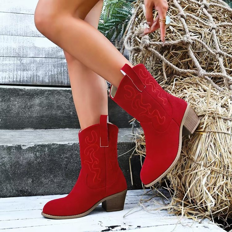 Pointed Toe Western Boots Fashion Retro Embroidered Chunky Square-heeled Mid-calf Boot For Women | Luxury Home Accessories | Heulog Glow