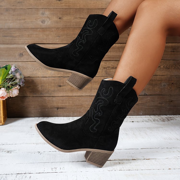 Pointed Toe Western Boots Fashion Retro Embroidered Chunky Square-heeled Mid-calf Boot For Women | Luxury Home Accessories | Heulog Glow
