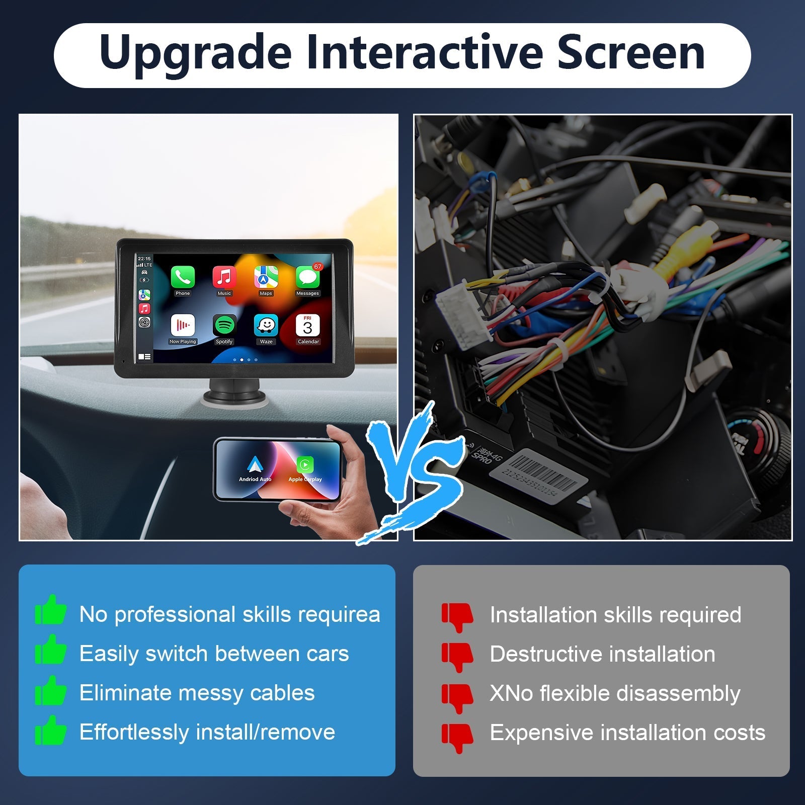 Portable Car Stereo Wireless CarPlay & Android Auto, Car Radio 7inches Touchscreen, Bluetooth5.0, Mirror Link, Maps Navigation, Voice Control, AUX Cable Vehicles | Luxury Home Accessories | Heulog Glow