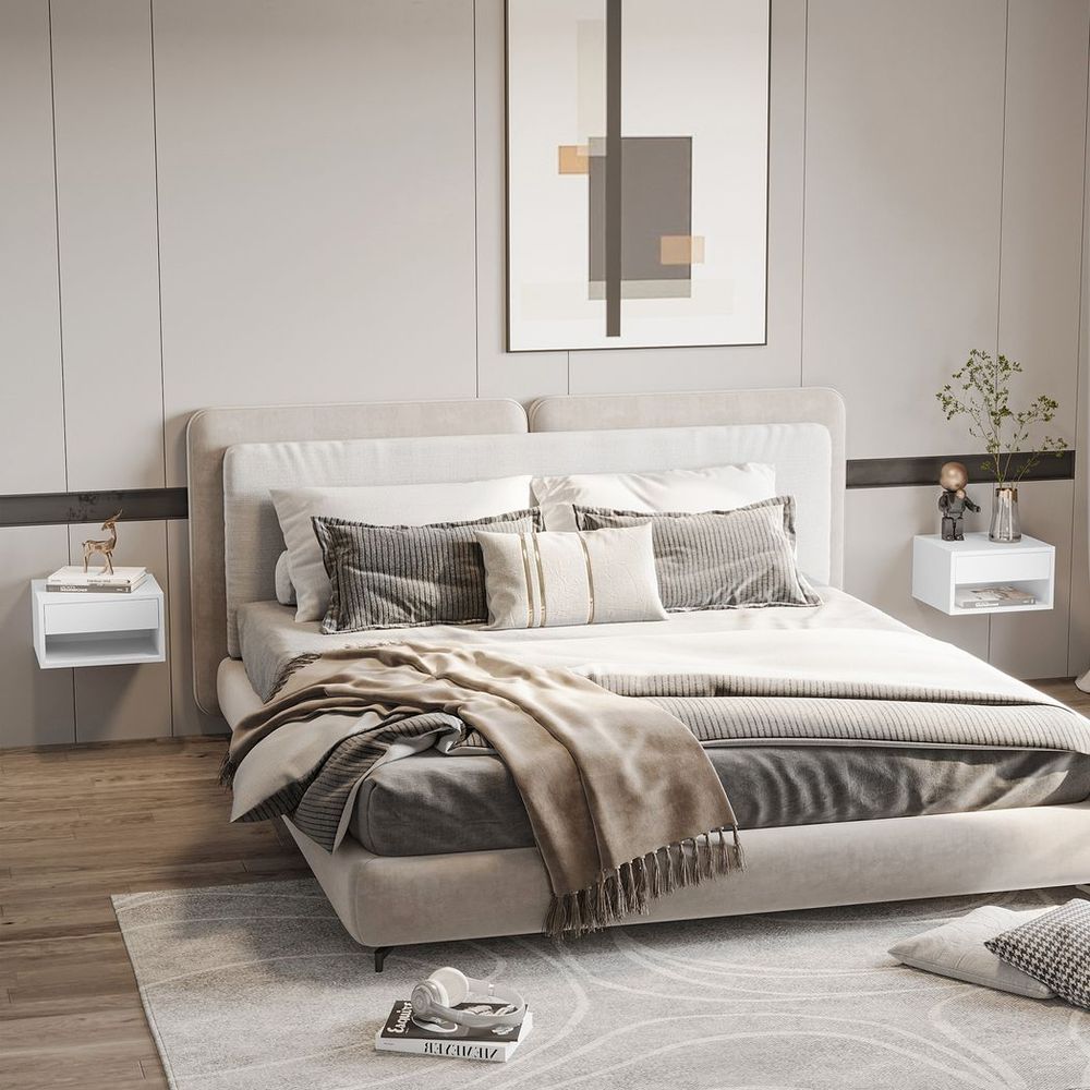 Premium HOMCOM Floating Bedside Tables - Double Storage, Wall Mounted, White | Luxury Home Accessories | Heulog Glow