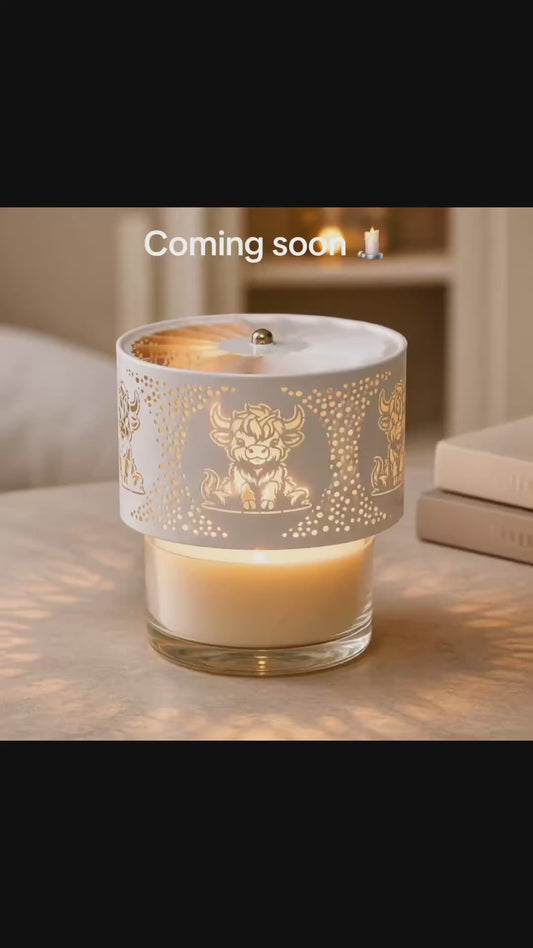 Carousel Shade Metal Silhouette – White & Gold Highland Cow (13cm) Candle not included