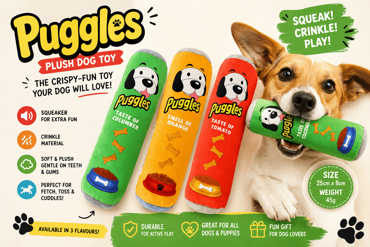 Puggles Dog Toy – Plush Pringles-Inspired Crinkle Toy for Dogs | Luxury Home Accessories | Heulog Glow