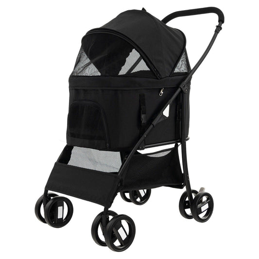 Foldable Pet Stroller with 4-Level Adjustable Canopy and Storage Basket-Black