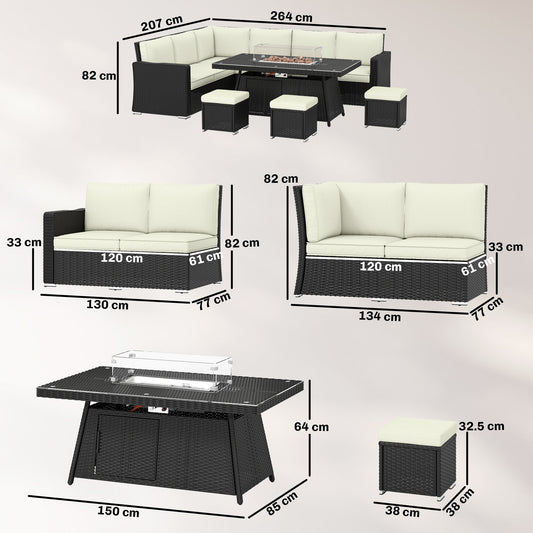Outsunny 7 Pieces PE Rattan Garden Furniture Set, 50,000 BTU Gas Fire Pit Table, Double Corner Sofa and 3 Footstools
