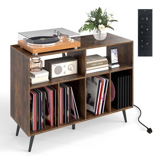 Record Player Stand with Charging Station and Storage Shelves-Rustic Brown