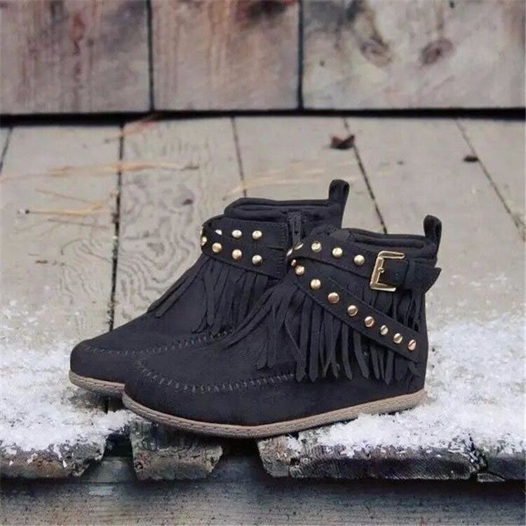 Retro Ankle Boots With Rivet Tassel Flat Shoes Women Winter Boots | Luxury Home Accessories | Heulog Glow