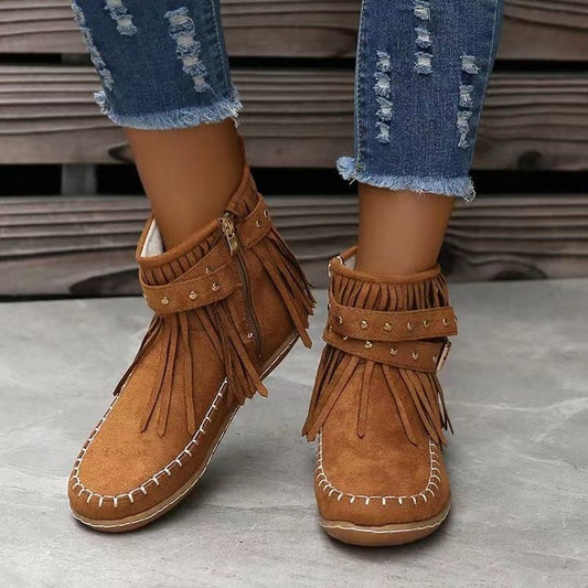 Retro Ankle Boots With Rivet Tassel Flat Shoes Women Winter Boots | Luxury Home Accessories | Heulog Glow