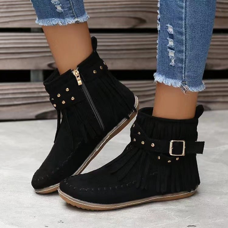 Retro Ankle Boots With Rivet Tassel Flat Shoes Women Winter Boots | Luxury Home Accessories | Heulog Glow