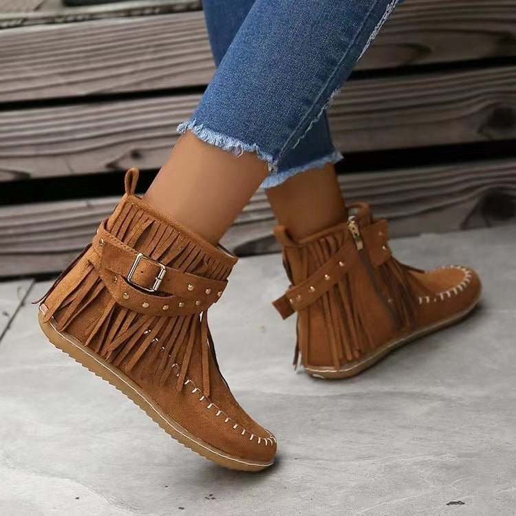 Retro Ankle Boots With Rivet Tassel Flat Shoes Women Winter Boots | Luxury Home Accessories | Heulog Glow