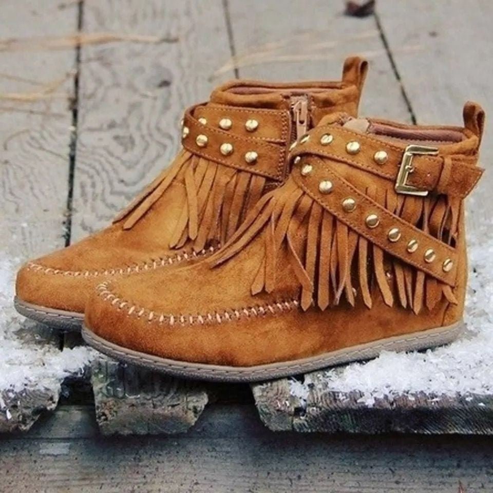 Retro Ankle Boots With Rivet Tassel Flat Shoes Women Winter Boots | Luxury Home Accessories | Heulog Glow