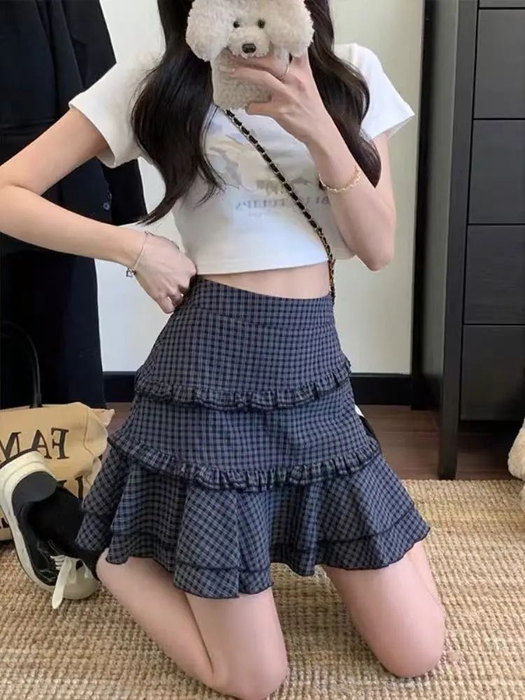 Retro plaid design, ruffled high-waisted A-line mini skirt | Luxury Home Accessories | Heulog Glow