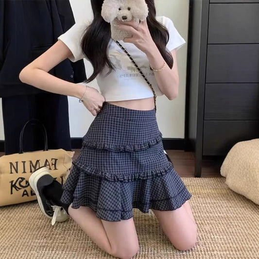 Retro plaid design, ruffled high-waisted A-line mini skirt | Luxury Home Accessories | Heulog Glow
