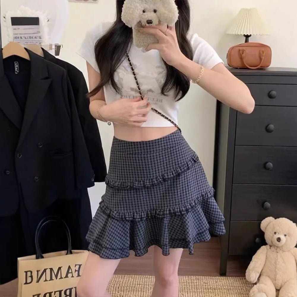 Retro plaid design, ruffled high-waisted A-line mini skirt | Luxury Home Accessories | Heulog Glow
