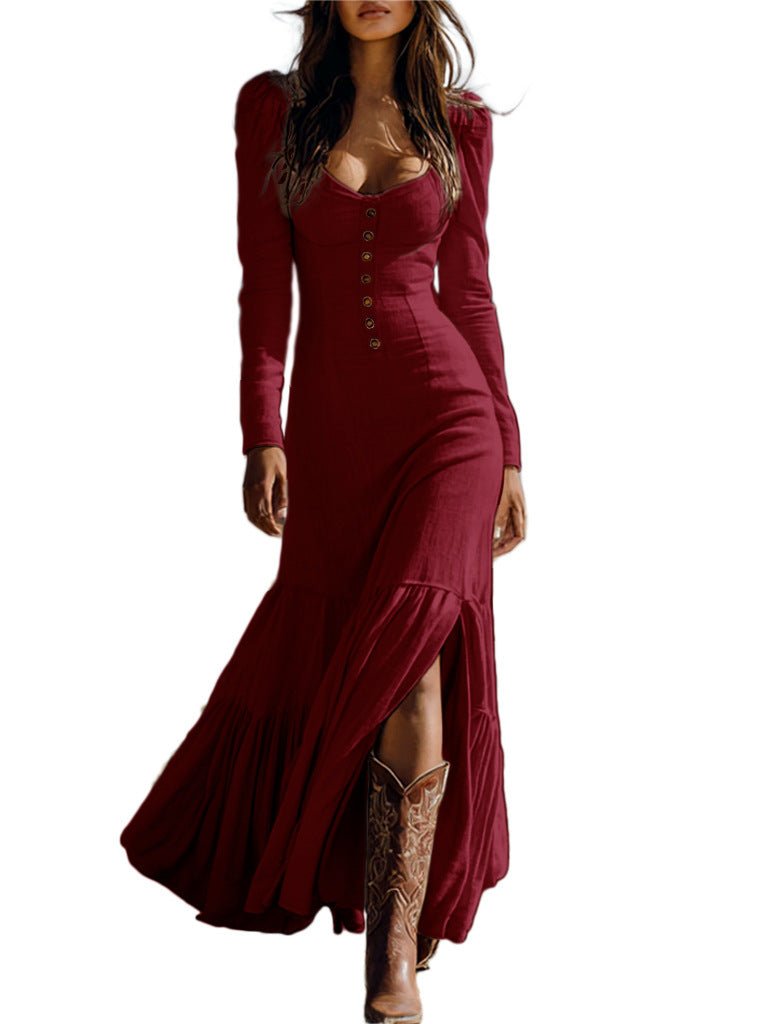 Retro Western Style Button Pleated Long Sleeve Sexy Dress | Luxury Home Accessories | Heulog Glow
