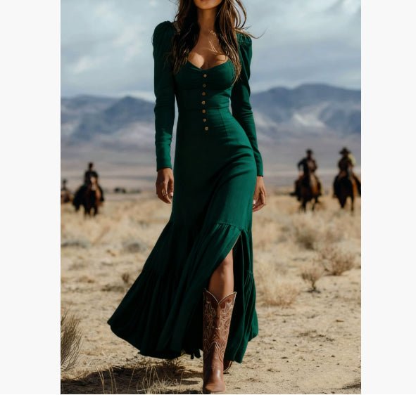 Retro Western Style Button Pleated Long Sleeve Sexy Dress | Luxury Home Accessories | Heulog Glow