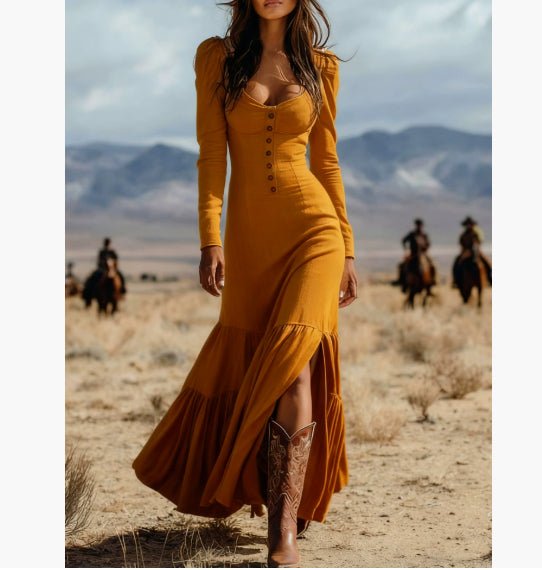 Retro Western Style Button Pleated Long Sleeve Sexy Dress | Luxury Home Accessories | Heulog Glow