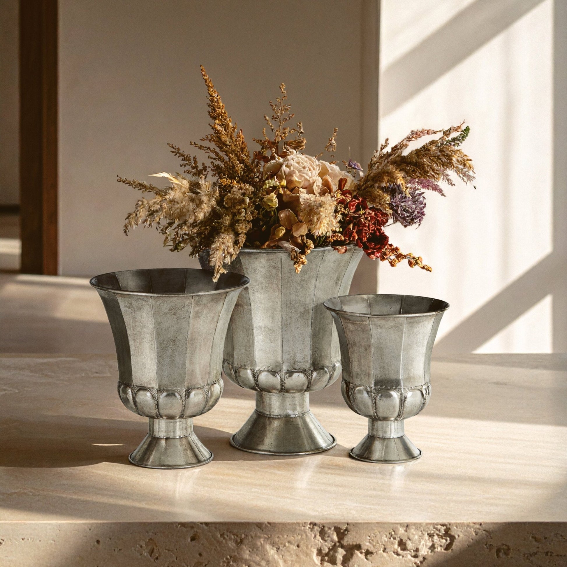 Reza Set of 3 Antique Silver Finish Planters | Luxury Home Accessories | Heulog Glow