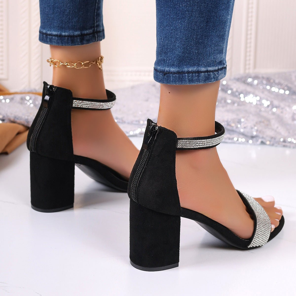 Rhinestone High Heel Sandals Summer Chunky Square Heel Sandals Open Toe Strappy Shoes | Luxury Home Accessories | Heulog Glow