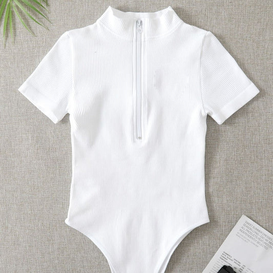Ribbed Short-sleeve Tight-fitting High-stretch Turtleneck Zip-up Bodysuit | Luxury Home Accessories | Heulog Glow