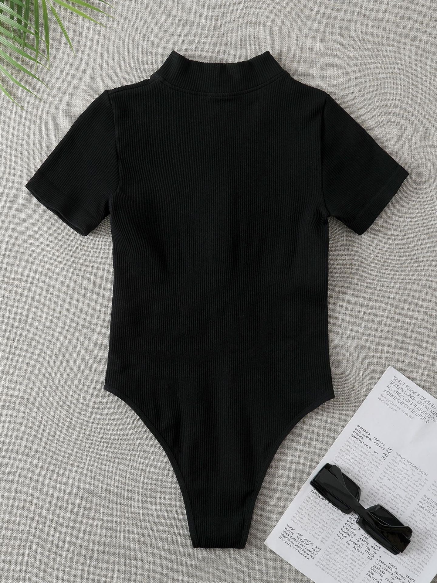 Ribbed Short-sleeve Tight-fitting High-stretch Turtleneck Zip-up Bodysuit | Luxury Home Accessories | Heulog Glow