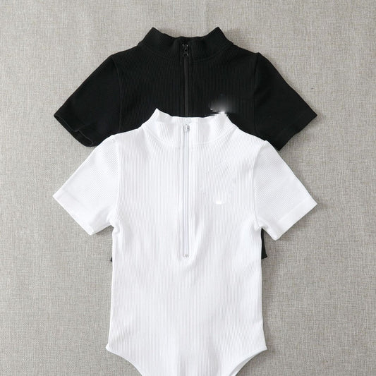 Ribbed Short-sleeve Tight-fitting High-stretch Turtleneck Zip-up Bodysuit | Luxury Home Accessories | Heulog Glow