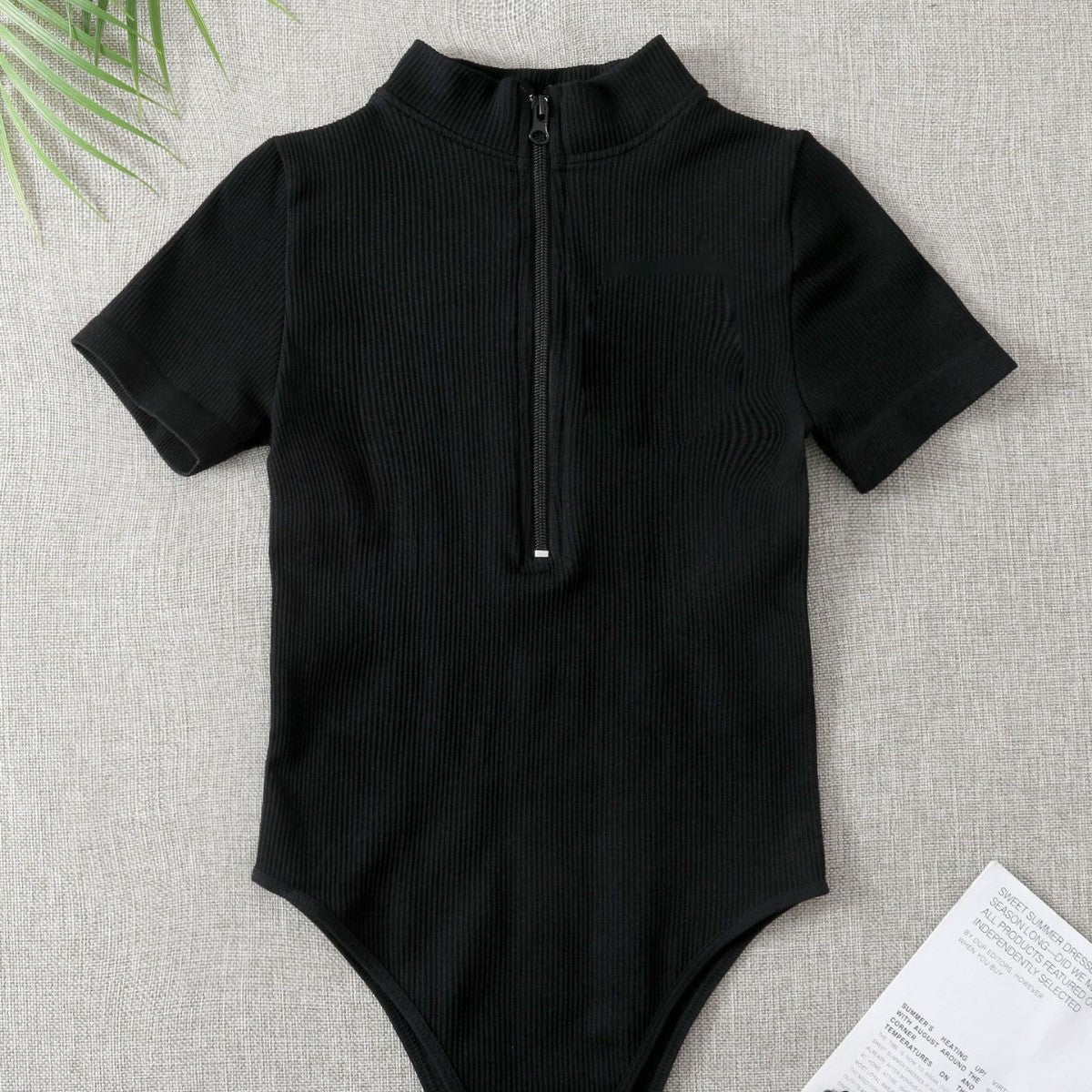 Ribbed Short-sleeve Tight-fitting High-stretch Turtleneck Zip-up Bodysuit | Luxury Home Accessories | Heulog Glow