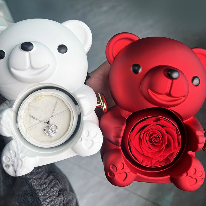 Rotating Bear Gift Box Eternal Rose Teddy Bear Jewelry Box With Necklace Valentine Wedding Special Present For Girlfriend Anniversary Gift Jewelry Box | Luxury Home Accessories | Heulog Glow