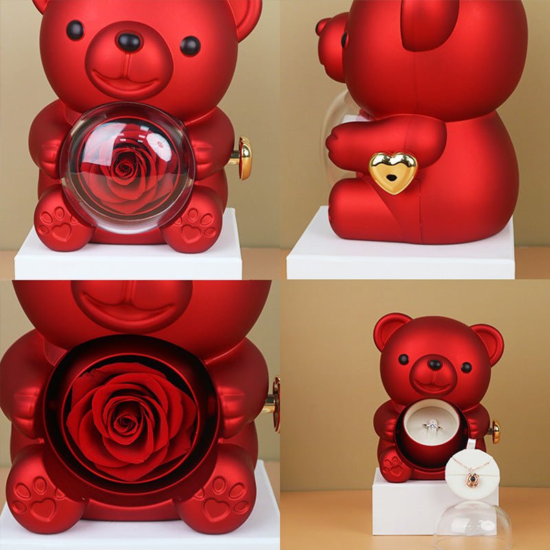 Rotating Bear Gift Box Eternal Rose Teddy Bear Jewelry Box With Necklace Valentine Wedding Special Present For Girlfriend Anniversary Gift Jewelry Box | Luxury Home Accessories | Heulog Glow