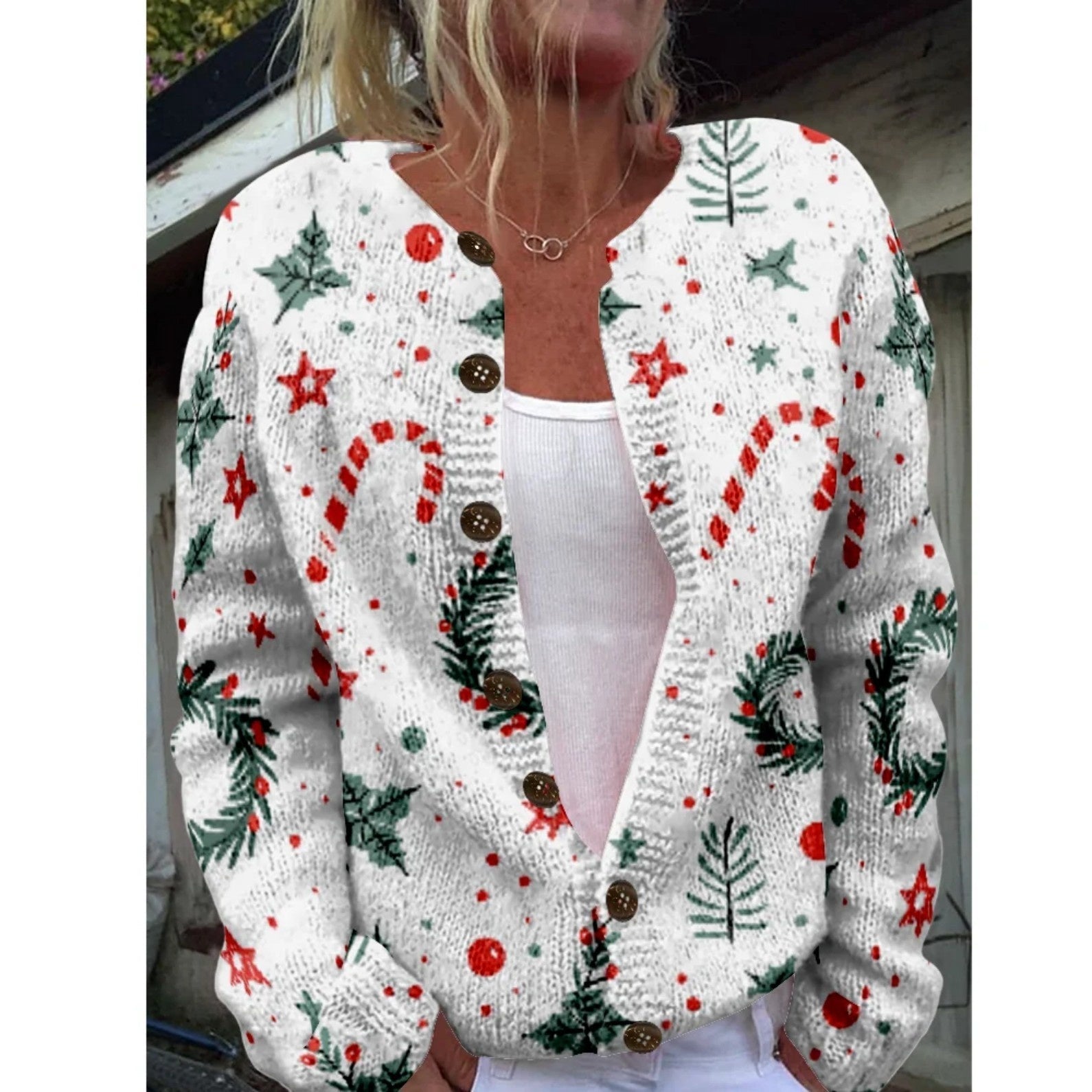 Round Neck Sweater Christmas Button Cardigan Long Sleeve Sweater | Luxury Home Accessories | Heulog Glow