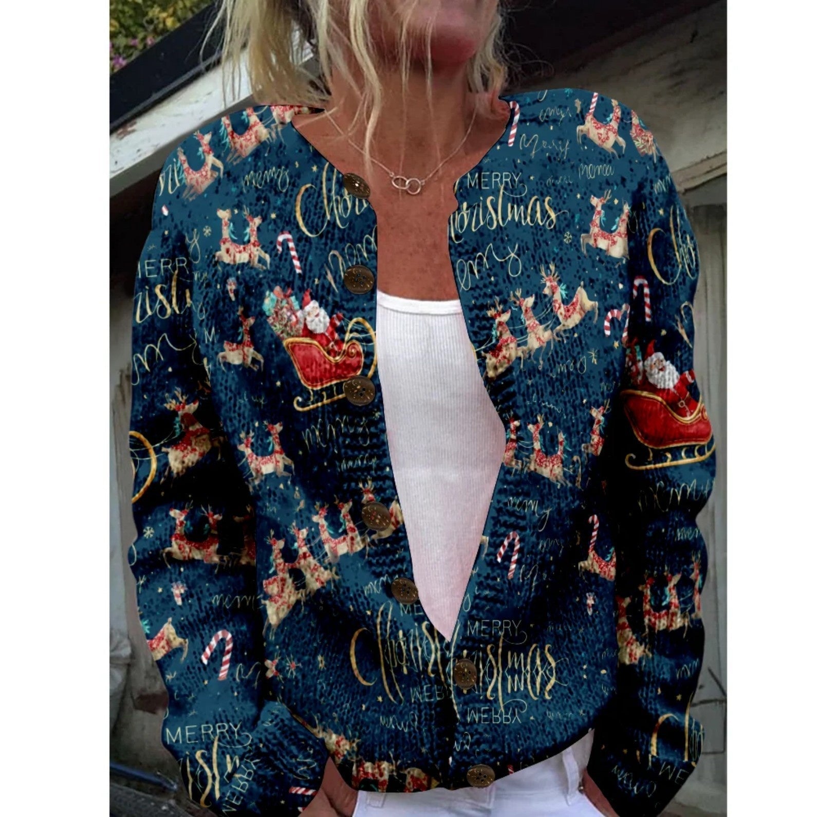 Round Neck Sweater Christmas Button Cardigan Long Sleeve Sweater | Luxury Home Accessories | Heulog Glow