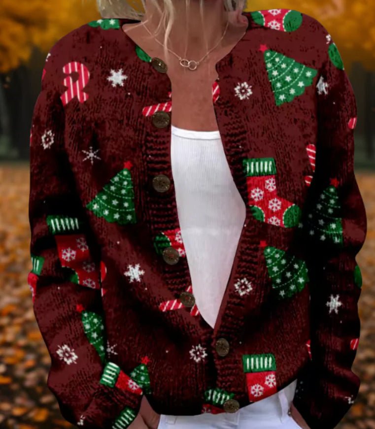 Round Neck Sweater Christmas Button Cardigan Long Sleeve Sweater | Luxury Home Accessories | Heulog Glow