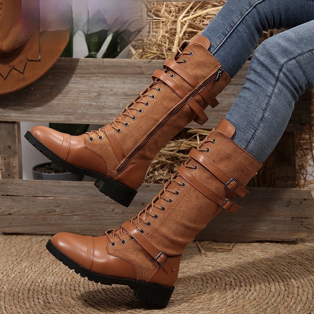 Round Toe Rivet Belt Buckle Square Heel Boots | Luxury Home Accessories | Heulog Glow