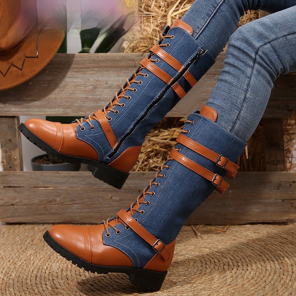 Round Toe Rivet Belt Buckle Square Heel Boots | Luxury Home Accessories | Heulog Glow